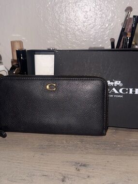 Coach Black Pebbled Leather Zip-Around Wallet with Gold C Hardware